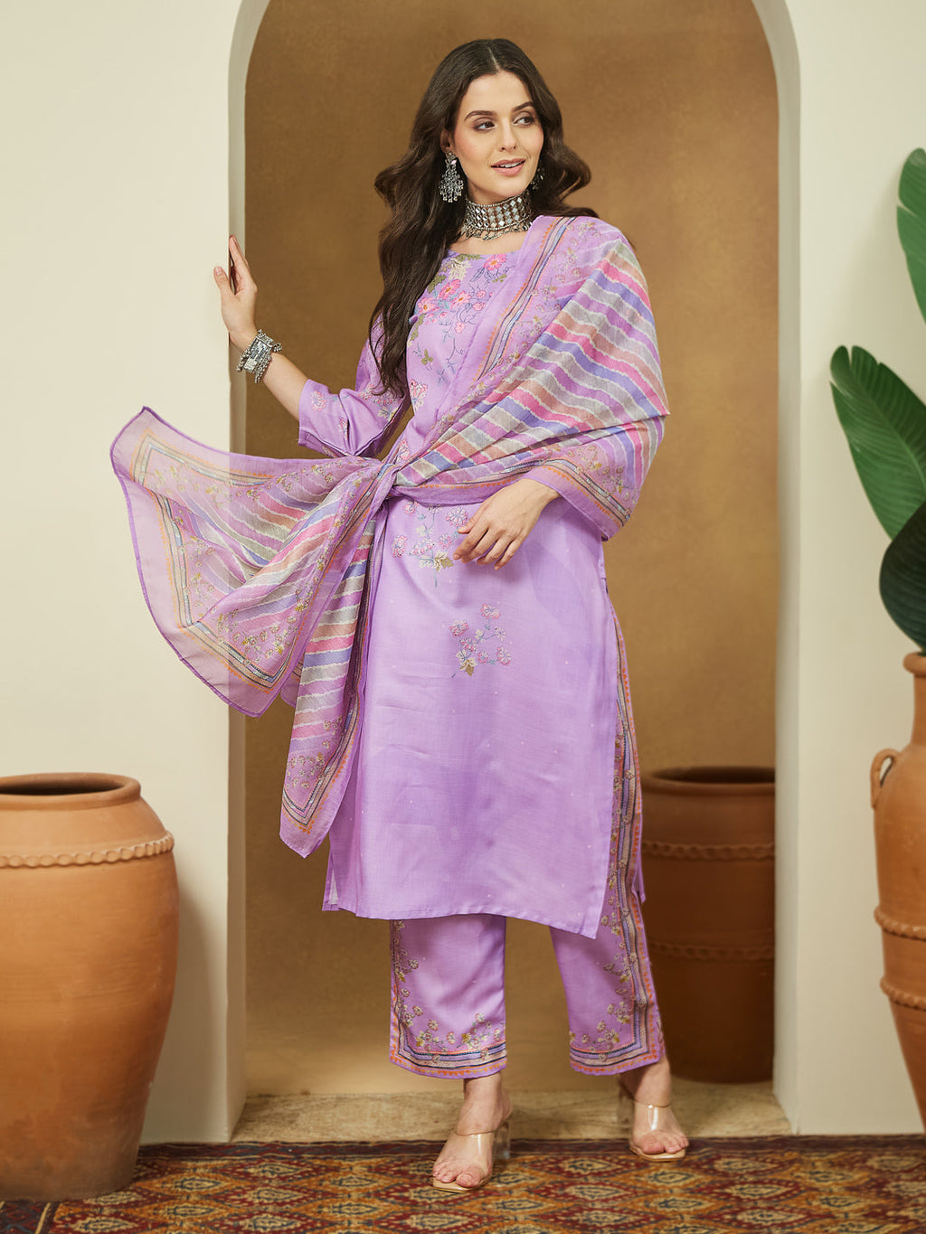 Janasya Women's Lavender Cotton Blend Floral Printed Straight Kurta Set