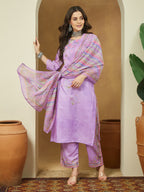 Janasya Women's Lavender Cotton Blend Floral Printed Straight Kurta Set