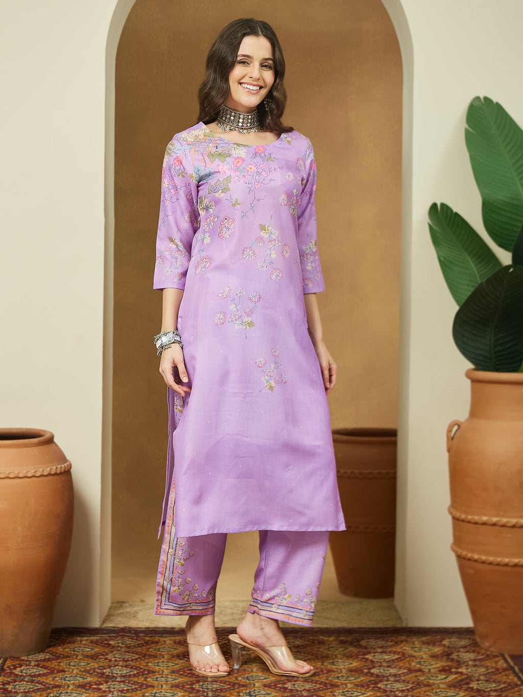 Janasya Women's Lavender Cotton Blend Floral Printed Straight Kurta Set