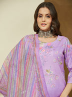 Janasya Women's Lavender Cotton Blend Floral Printed Straight Kurta Set