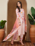 Janasya Women's Peach Cotton Blend Floral Printed Straight Kurta Set