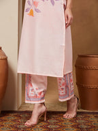 Janasya Women's Peach Cotton Blend Floral Printed Straight Kurta Set