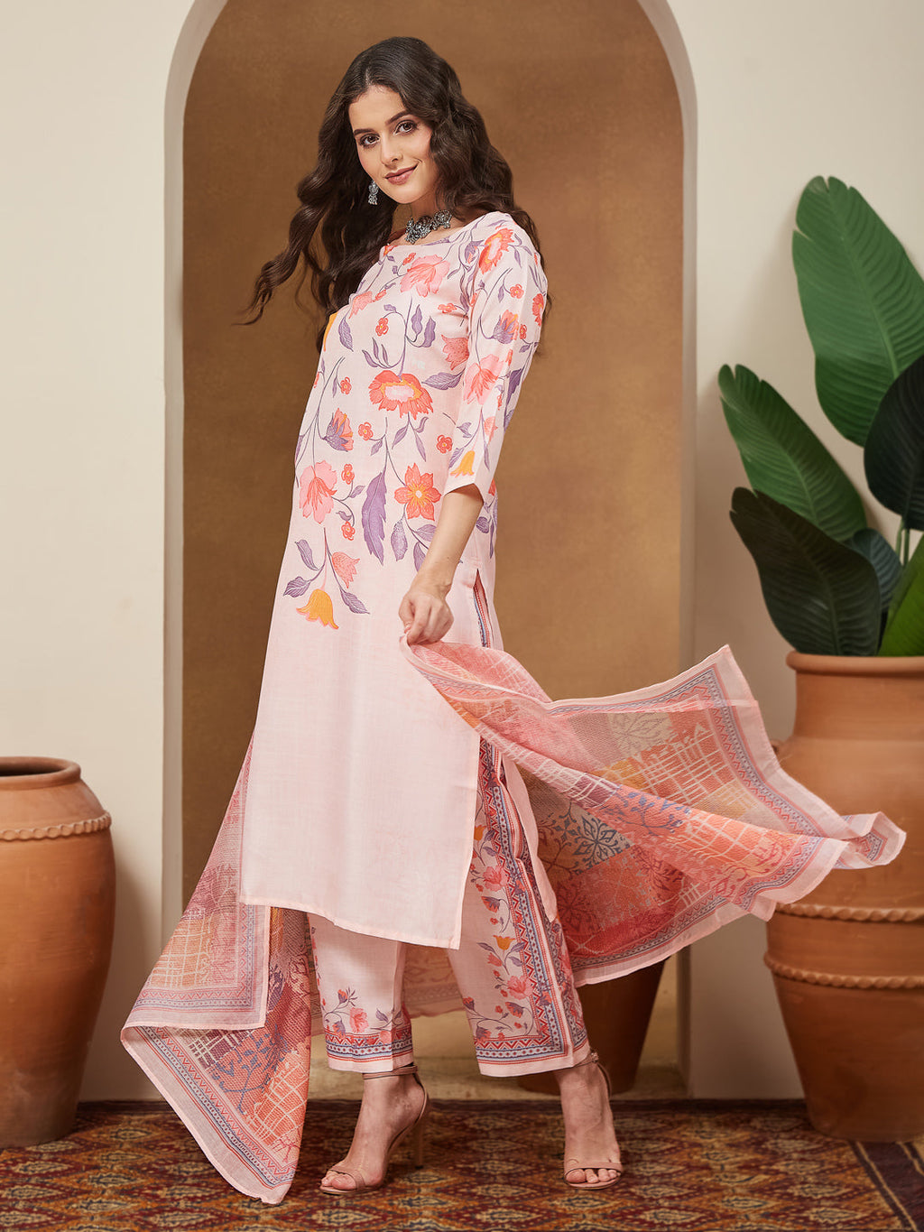 Janasya Women's Peach Cotton Blend Floral Printed Straight Kurta Set