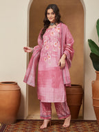 Janasya Women's Pink Cotton Blend Floral Printed Straight Kurta Set