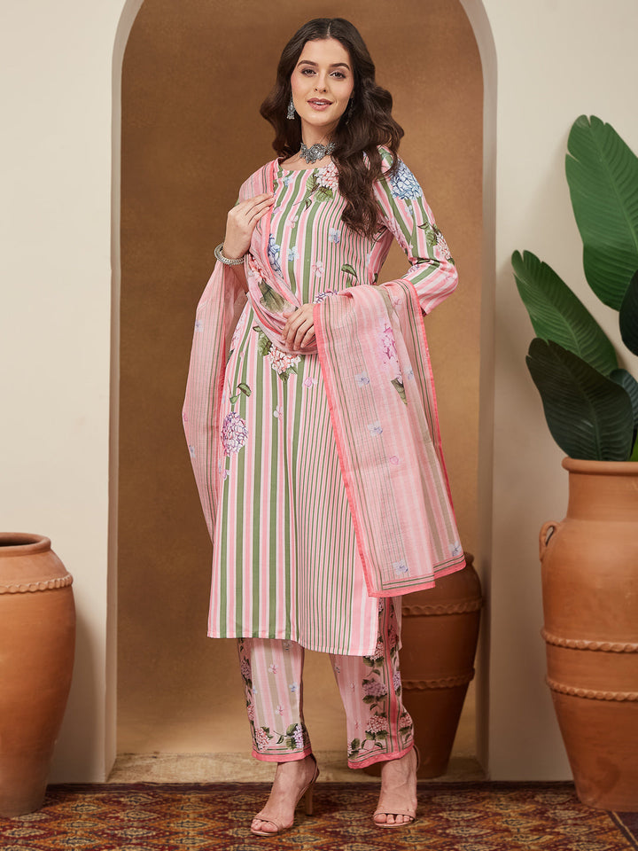 Janasya Women's Light Pink Cotton Blend Floral Printed Straight Kurta Set - qivii