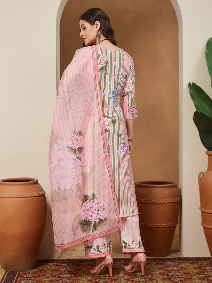 Janasya Women's Light Pink Cotton Blend Floral Printed Straight Kurta Set - qivii
