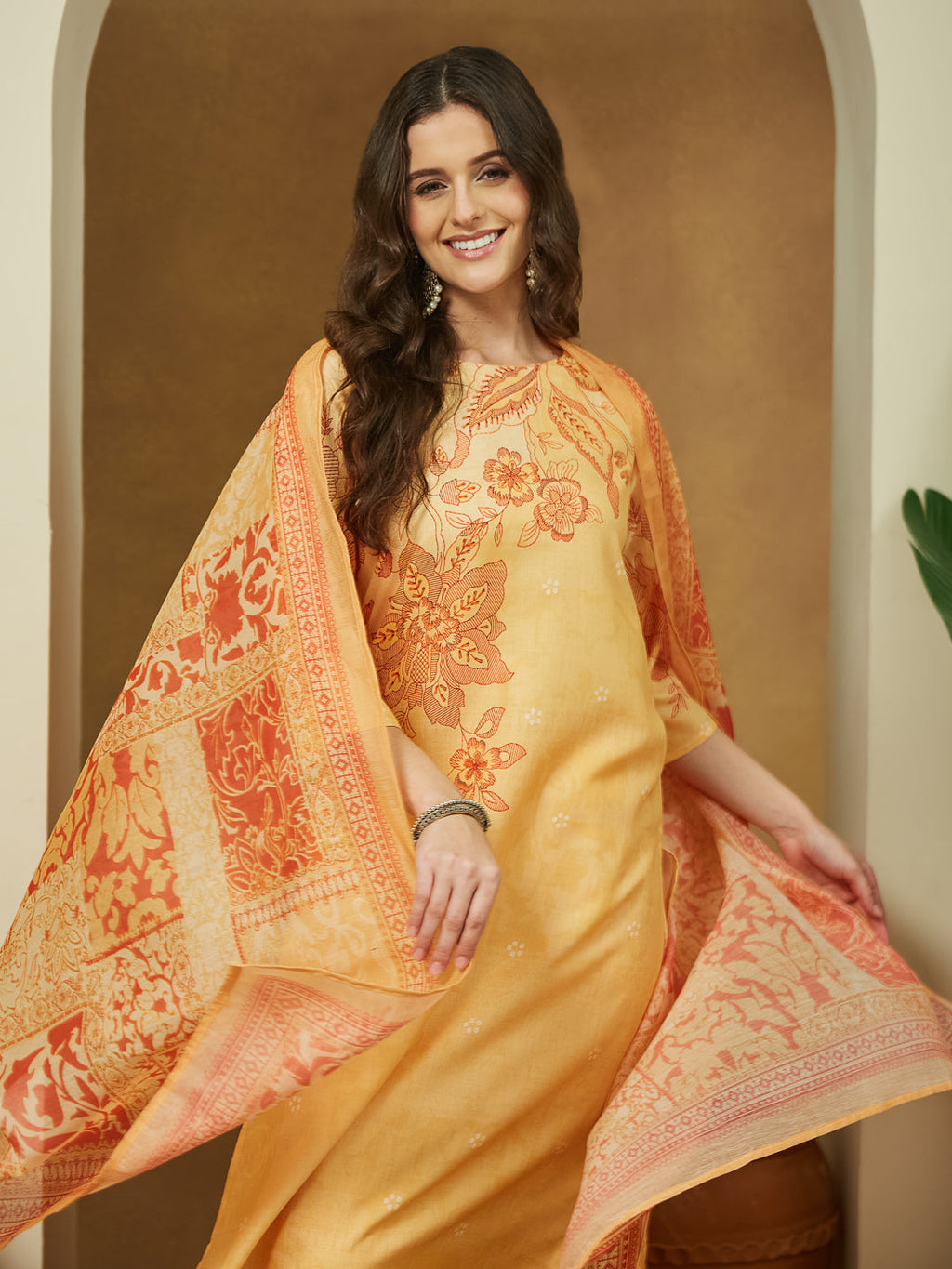 Janasya Women's Yellow Cotton Blend Floral Printed Straight Kurta Set