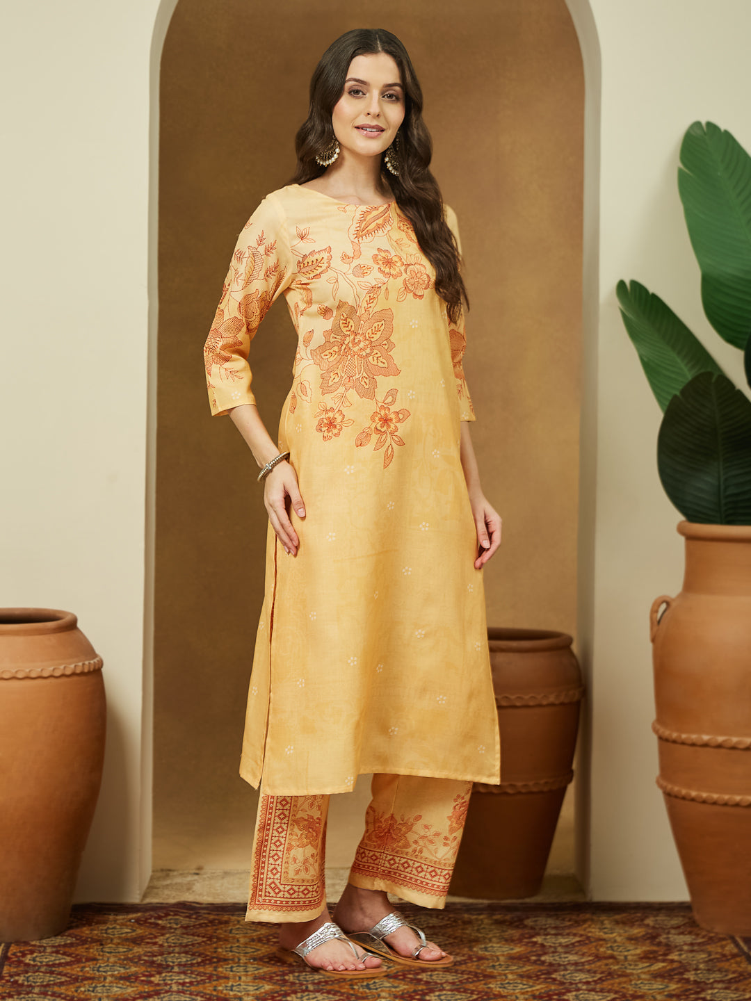 Janasya Women's Yellow Cotton Blend Floral Printed Straight Kurta Set