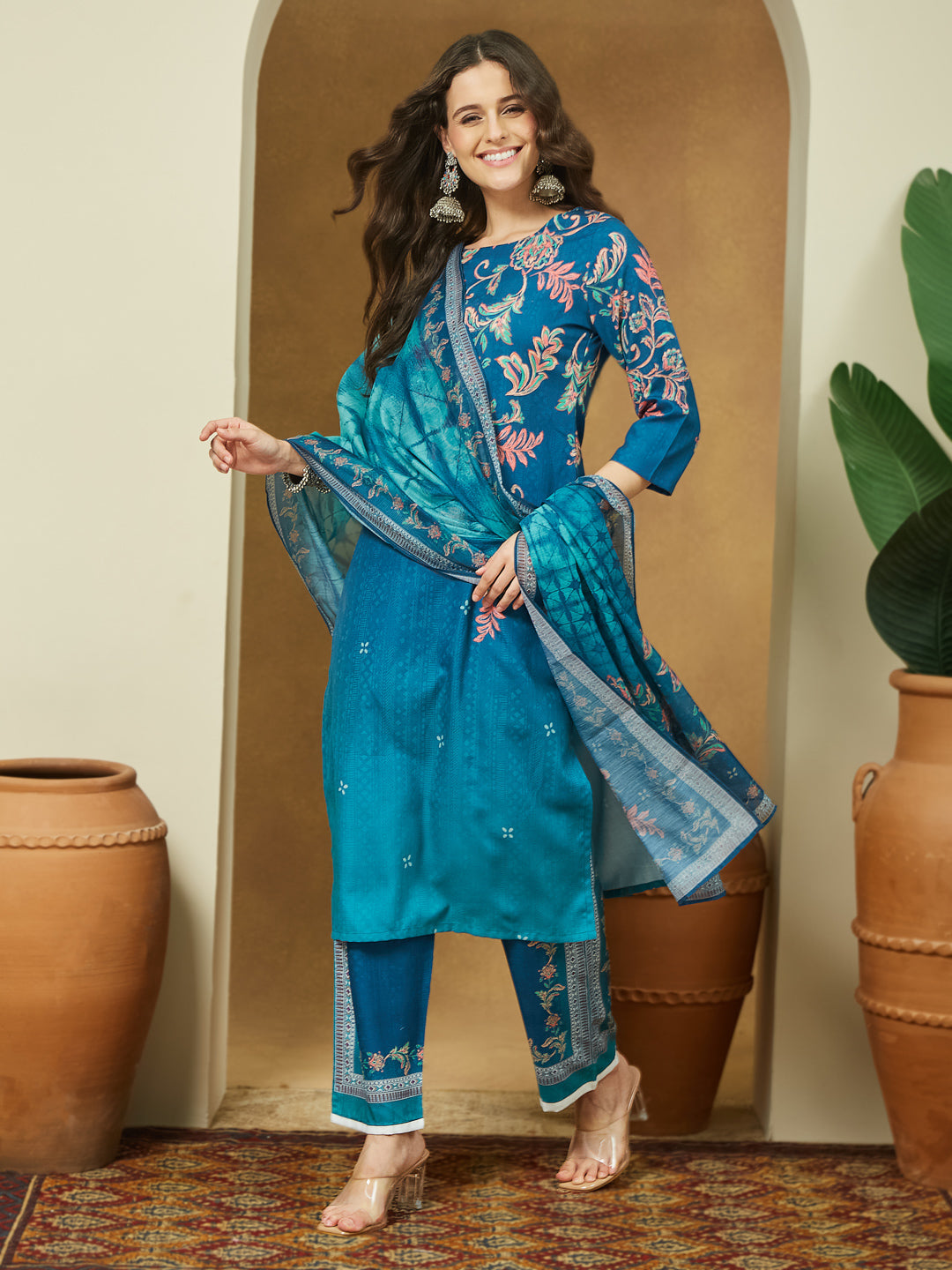 Janasya Women's Teal Blue Cotton Blend Floral Printed Straight Kurta Set - qivii
