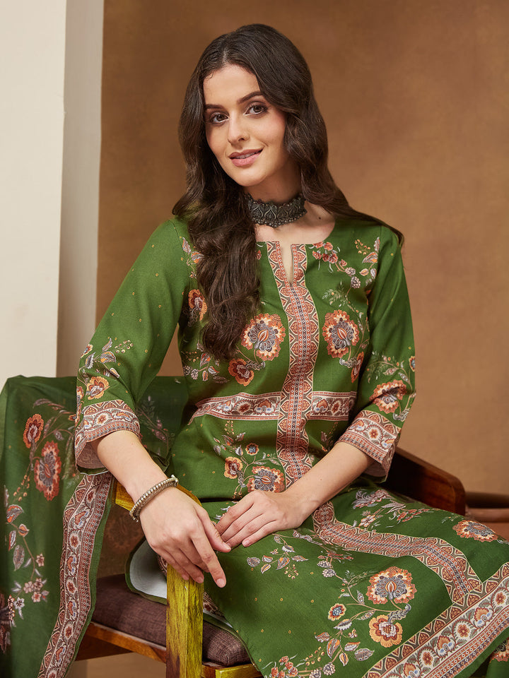 Janasya Women's Mehendi Green Cotton Blend Floral Printed Straight Kurta Set - qivii
