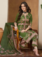Janasya Women's Mehendi Green Cotton Blend Floral Printed Straight Kurta Set