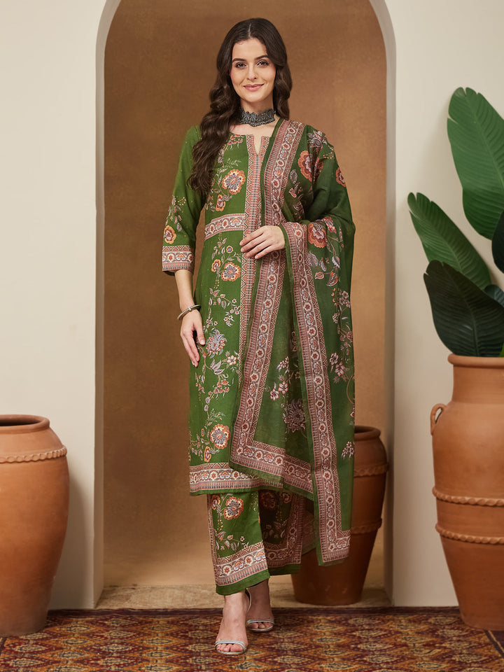 Janasya Women's Mehendi Green Cotton Blend Floral Printed Straight Kurta Set - qivii