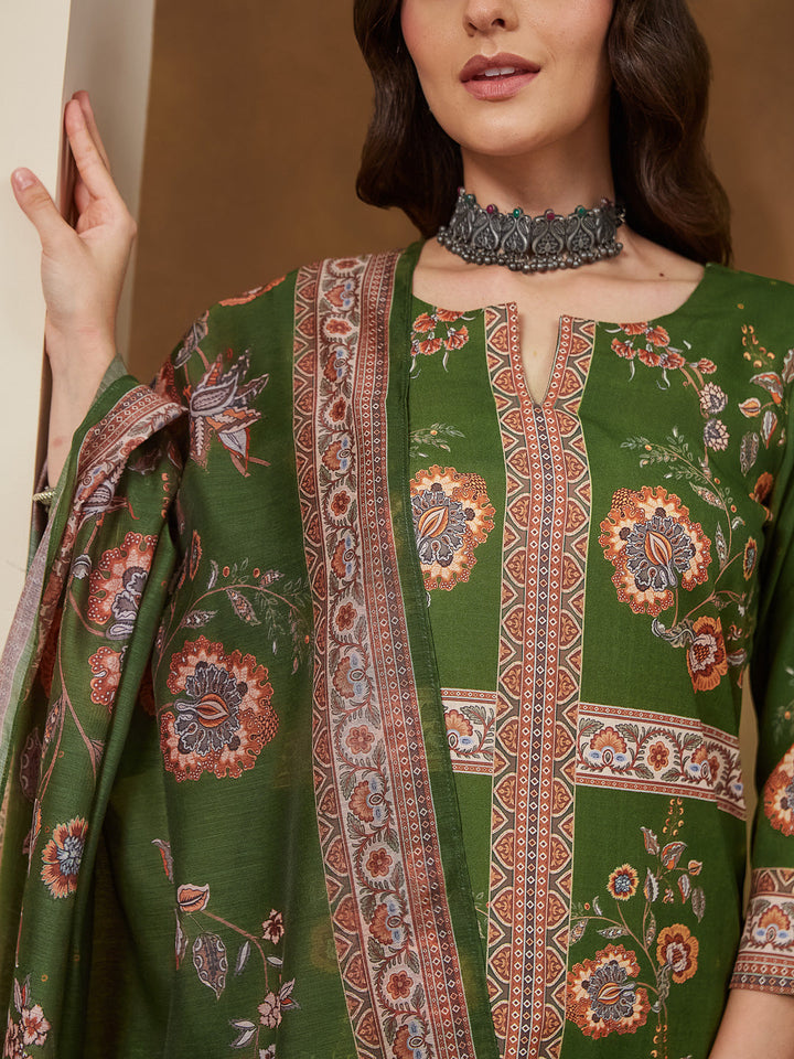 Janasya Women's Mehendi Green Cotton Blend Floral Printed Straight Kurta Set - qivii