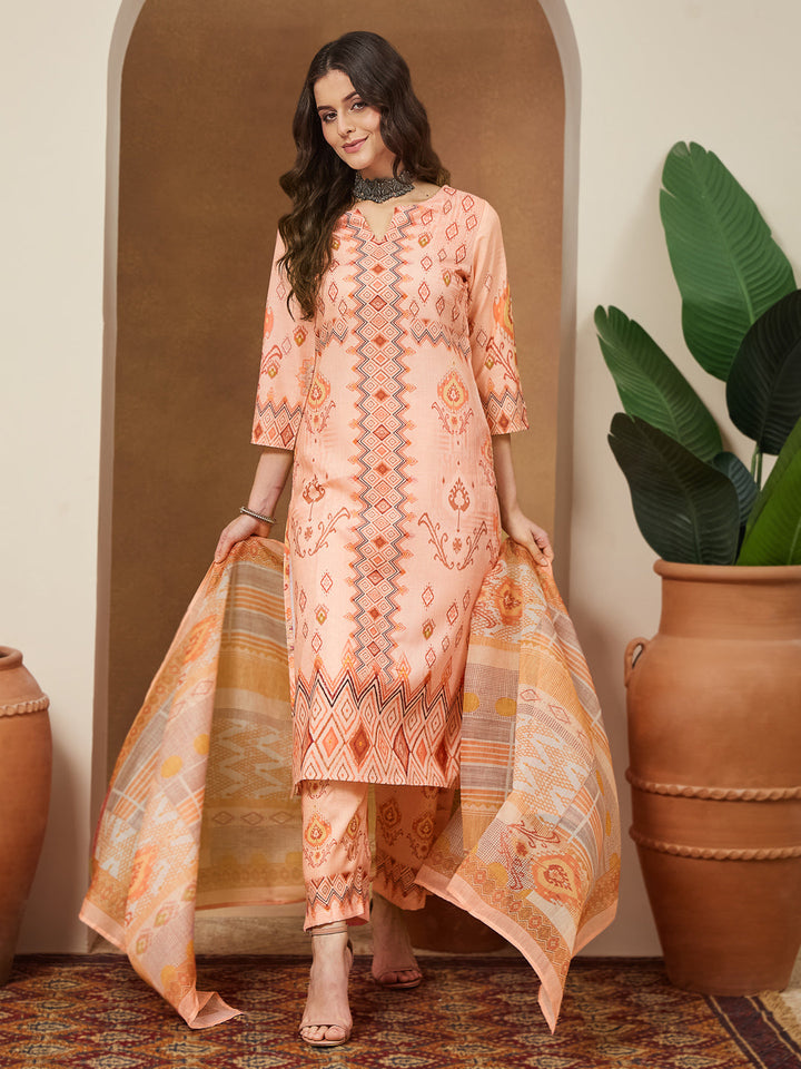 Janasya Women's Peach Cotton Blend Geometric Printed Straight Kurta Set - qivii