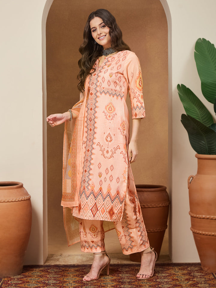 Janasya Women's Peach Cotton Blend Geometric Printed Straight Kurta Set - qivii