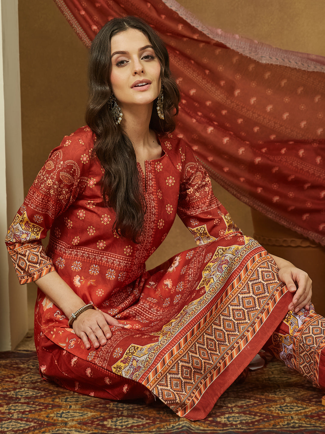 Janasya Women's Rust Cotton Blend Floral Printed Pakistani Straight Kurta Set - qivii