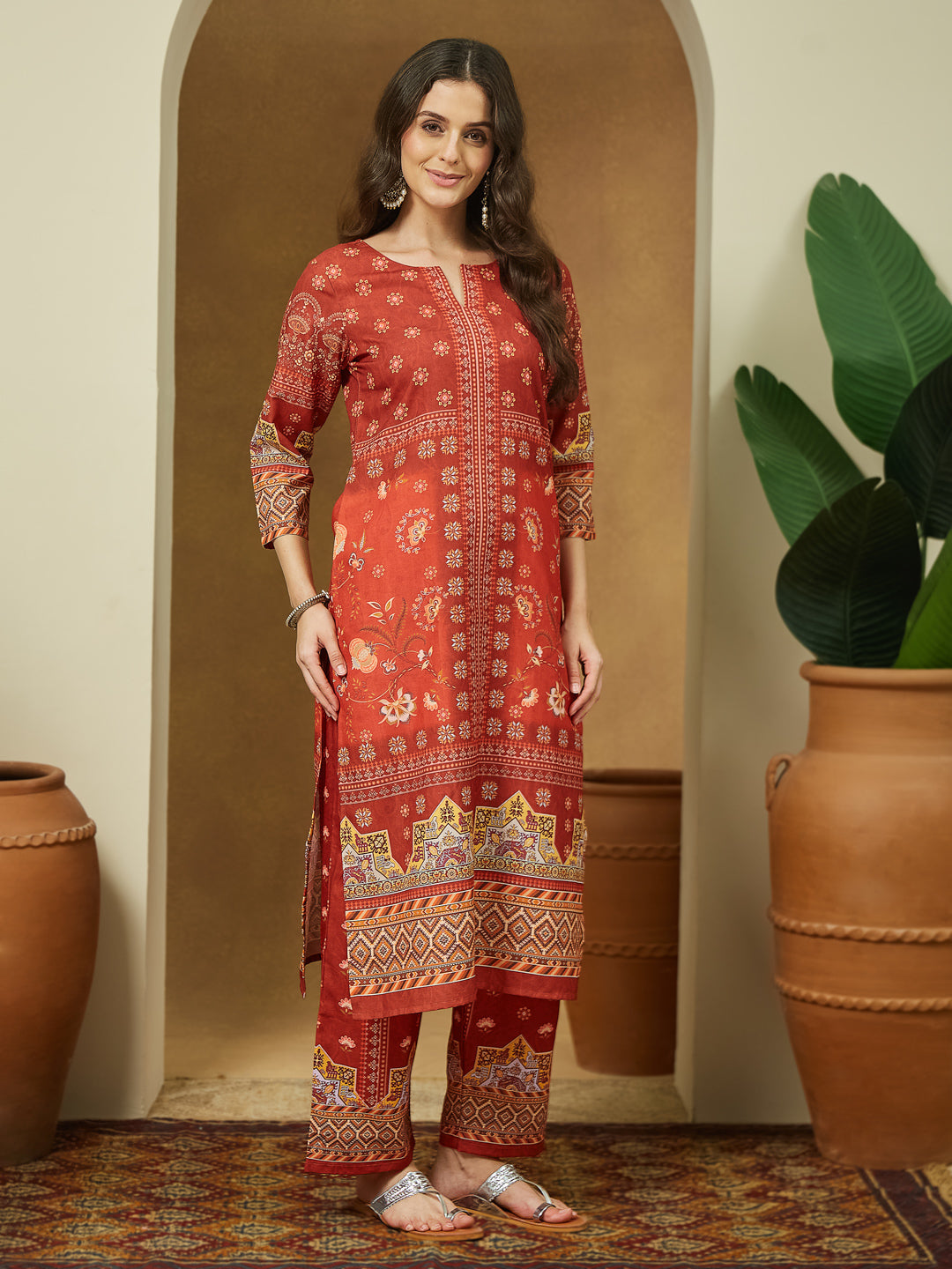 Janasya Women's Rust Cotton Blend Floral Printed Pakistani Straight Kurta Set - qivii