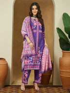 Janasya Women's Purple Cotton Blend Floral Printed Straight Kurta Set