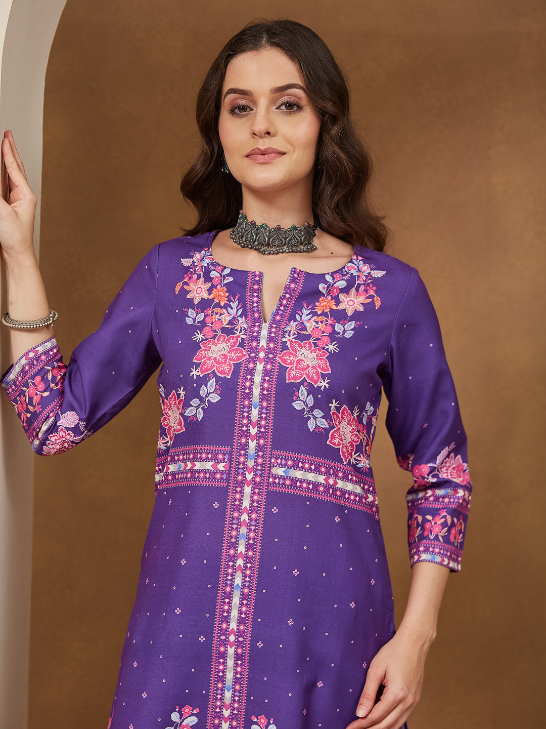 Janasya Women's Purple Cotton Blend Floral Printed Straight Kurta Set