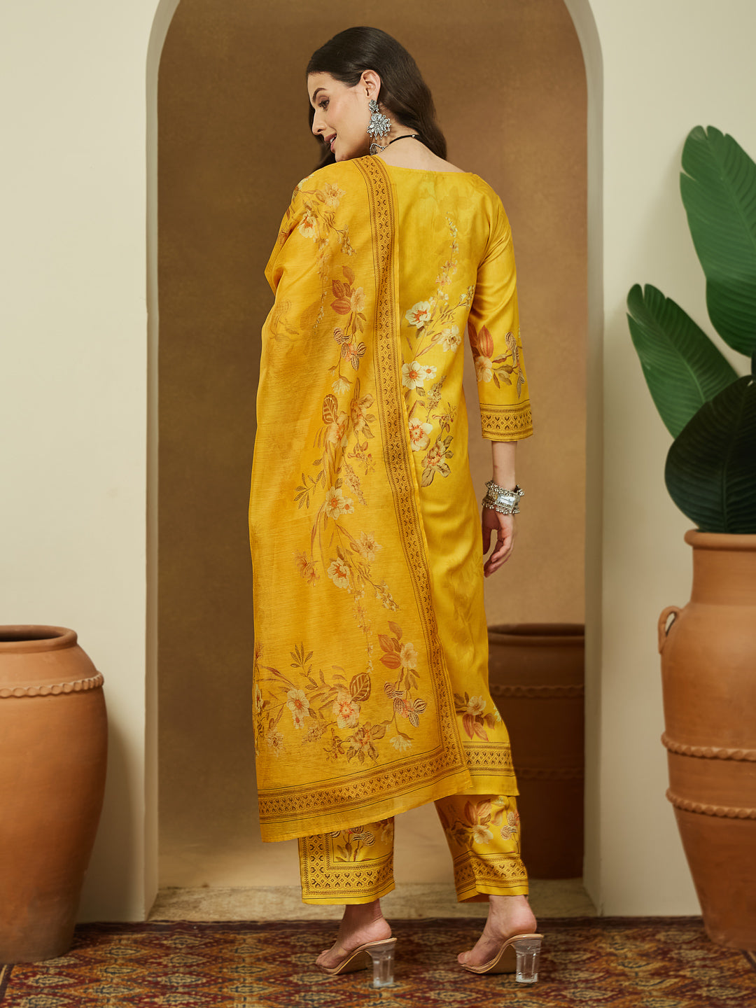 Janasya Women's Yellow Cotton Blend Floral Printed Pakistani Floral Straight Kurta Set - qivii