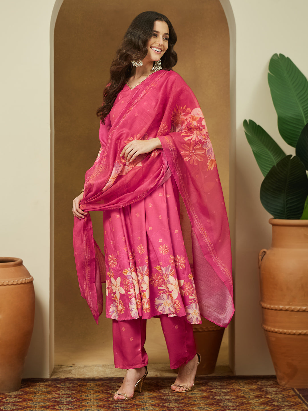 Janasya Women's Pink Cotton Blend Floral Printed Anarkali Kurta Set