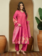 Janasya Women's Pink Cotton Blend Floral Printed Anarkali Kurta Set