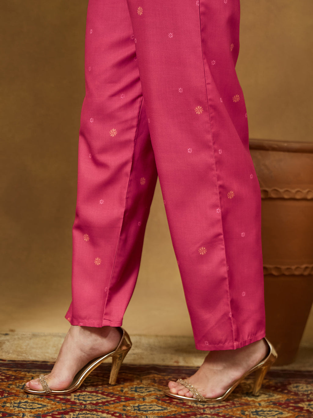 Janasya Women's Pink Cotton Blend Floral Printed Anarkali Kurta Set