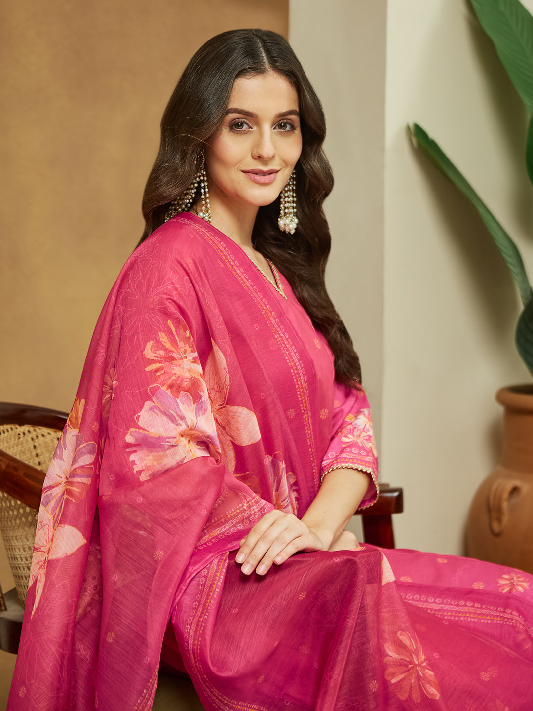 Janasya Women's Pink Cotton Blend Floral Printed Anarkali Kurta Set