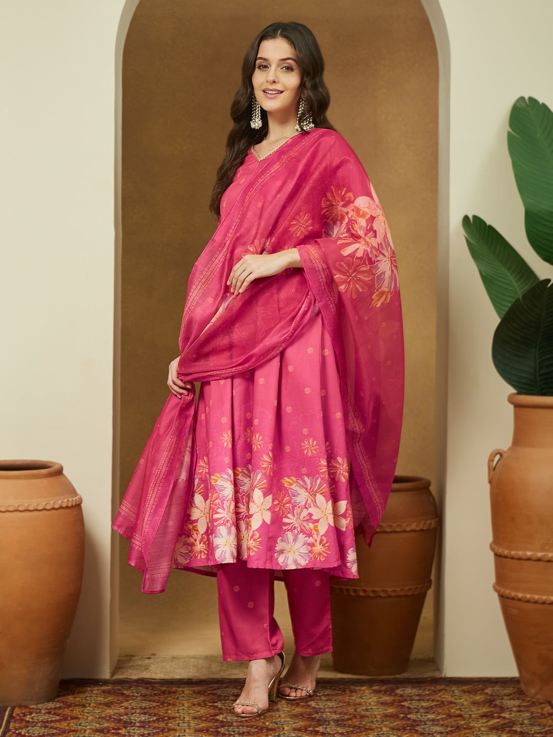 Janasya Women's Pink Cotton Blend Floral Printed Anarkali Kurta Set - qivii