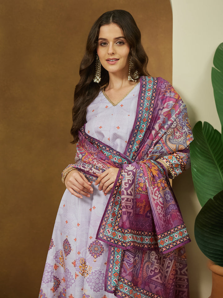 Janasya Women's Lavender Cotton Blend Ethnic Motifs Printed Anarkali Kurta Set - qivii