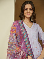 Janasya Women's Lavender Cotton Blend Ethnic Motifs Printed Anarkali Kurta Set