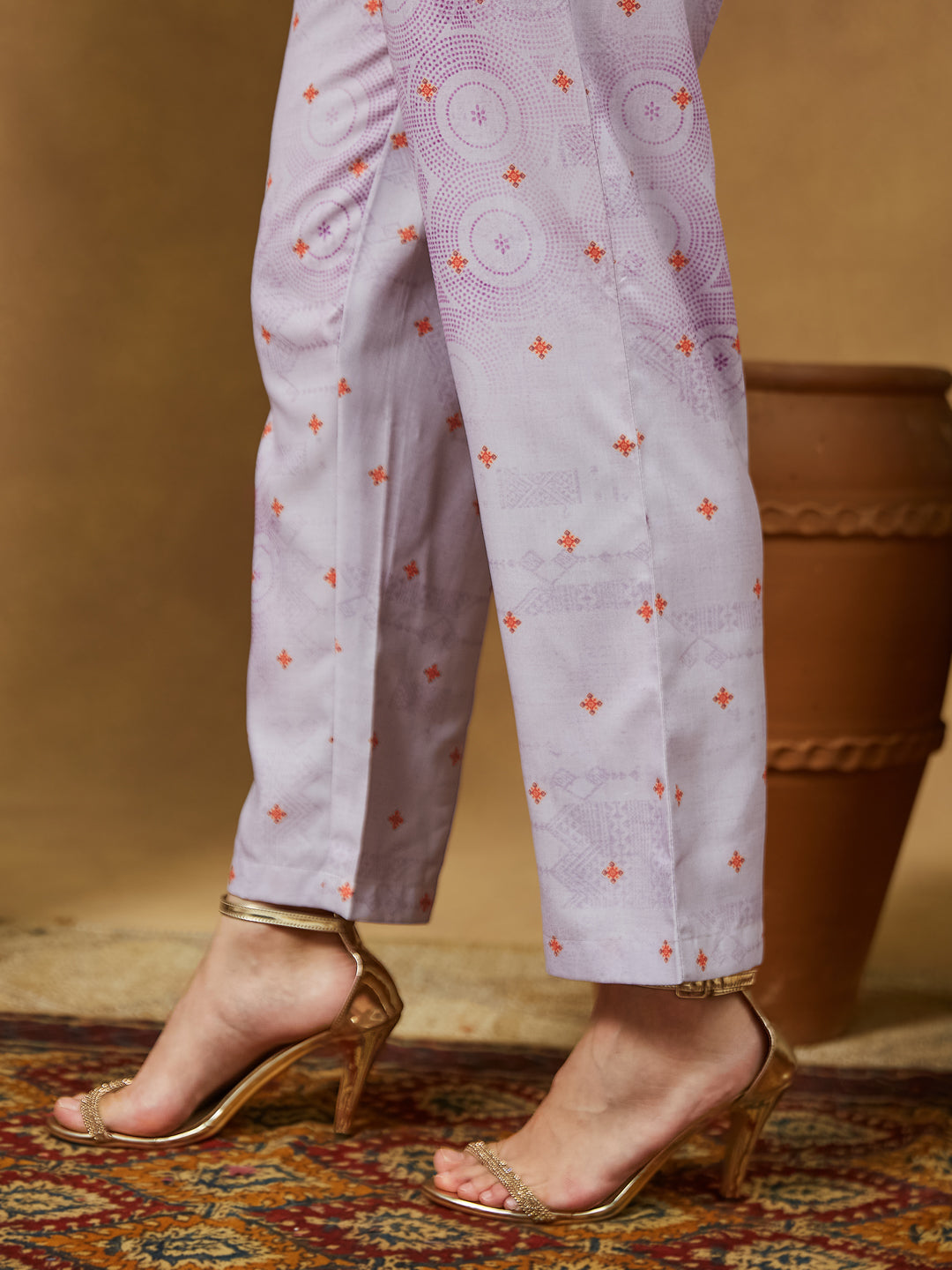 Janasya Women's Lavender Cotton Blend Ethnic Motifs Printed Anarkali Kurta Set - qivii