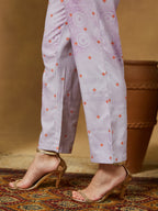 Janasya Women's Lavender Cotton Blend Ethnic Motifs Printed Anarkali Kurta Set