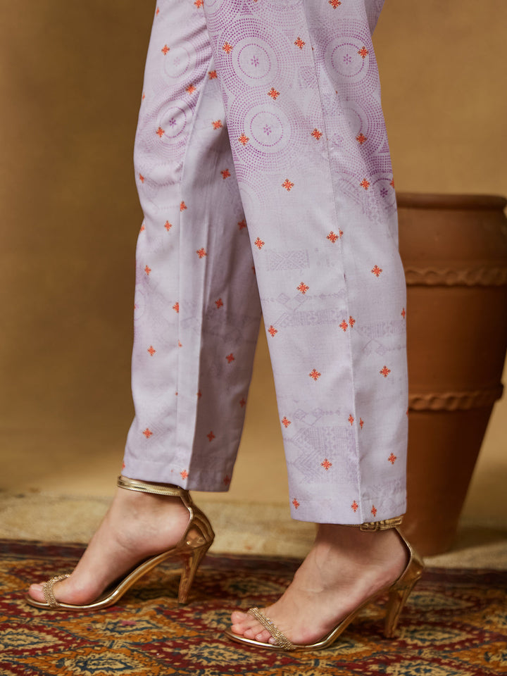 Janasya Women's Lavender Cotton Blend Ethnic Motifs Printed Anarkali Kurta Set - qivii