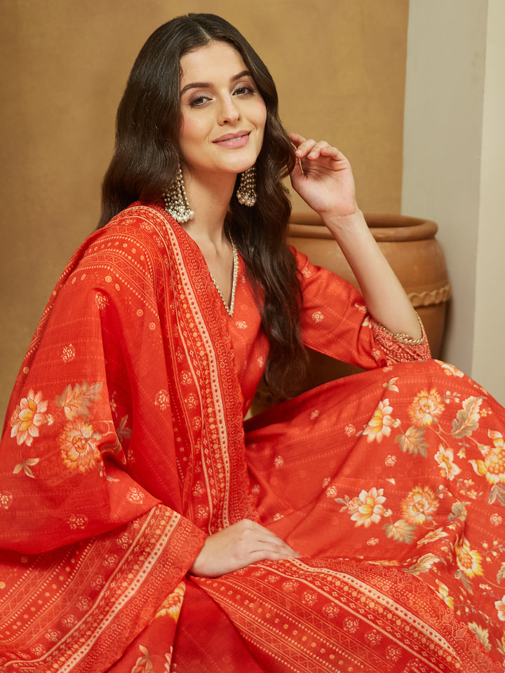 Janasya Women's Orange Cotton Blend Floral Printed Anarkali Kurta Set - qivii