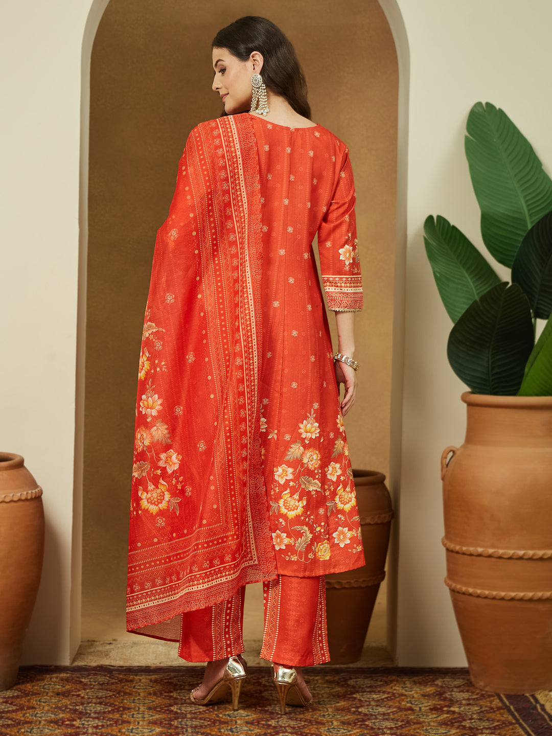 Janasya Women's Orange Cotton Blend Floral Printed Anarkali Kurta Set - qivii