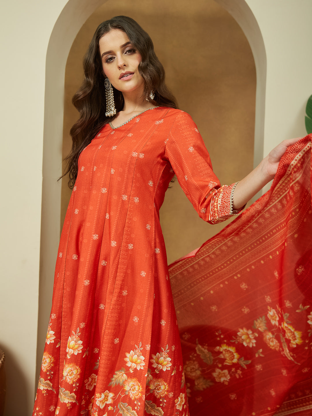 Janasya Women's Orange Cotton Blend Floral Printed Anarkali Kurta Set - qivii