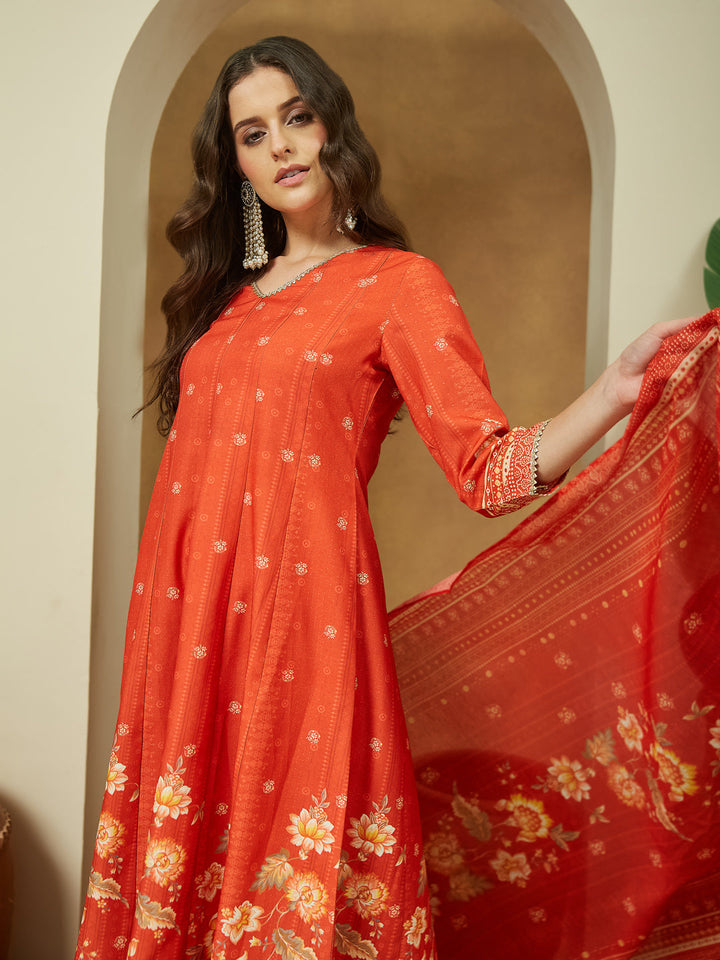 Janasya Women's Orange Cotton Blend Floral Printed Anarkali Kurta Set - qivii