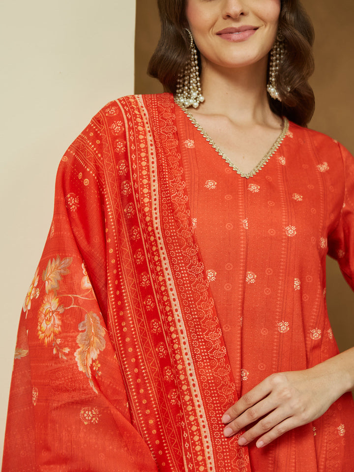 Janasya Women's Orange Cotton Blend Floral Printed Anarkali Kurta Set - qivii