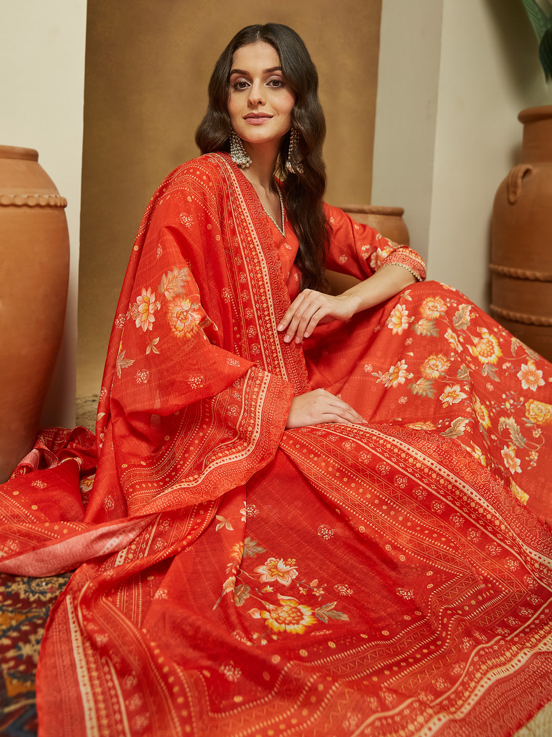 Janasya Women's Orange Cotton Blend Floral Printed Anarkali Kurta Set - qivii