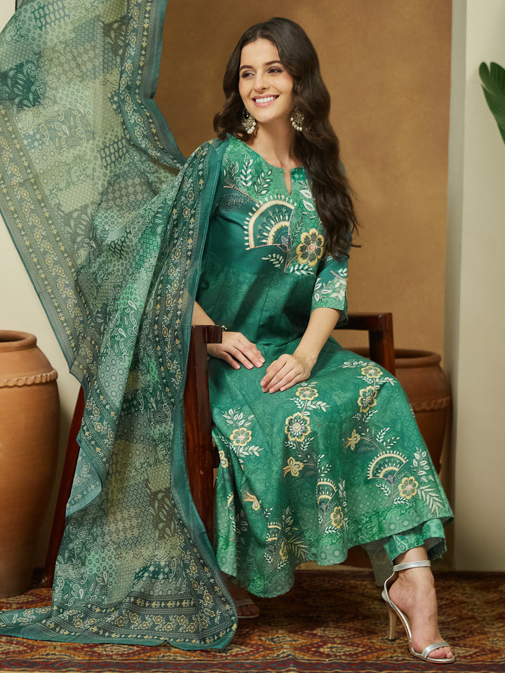 Janasya Women's Sage Green Cotton Blend Floral Printed Anarkali Kurta Set - qivii