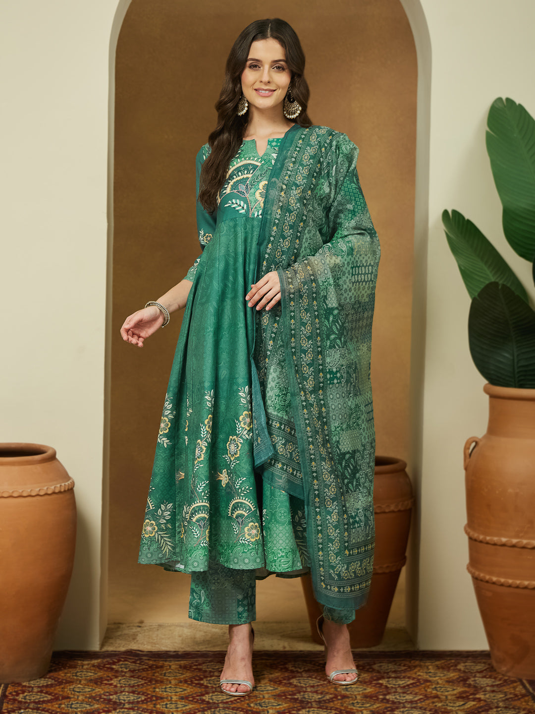 Janasya Women's Sage Green Cotton Blend Floral Printed Anarkali Kurta Set - qivii
