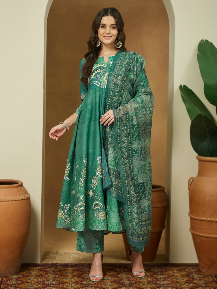 Janasya Women's Sage Green Cotton Blend Floral Printed Anarkali Kurta Set - qivii