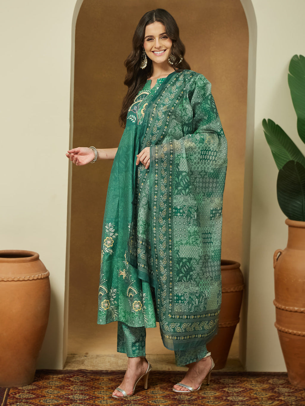 Janasya Women's Sage Green Cotton Blend Floral Printed Anarkali Kurta Set