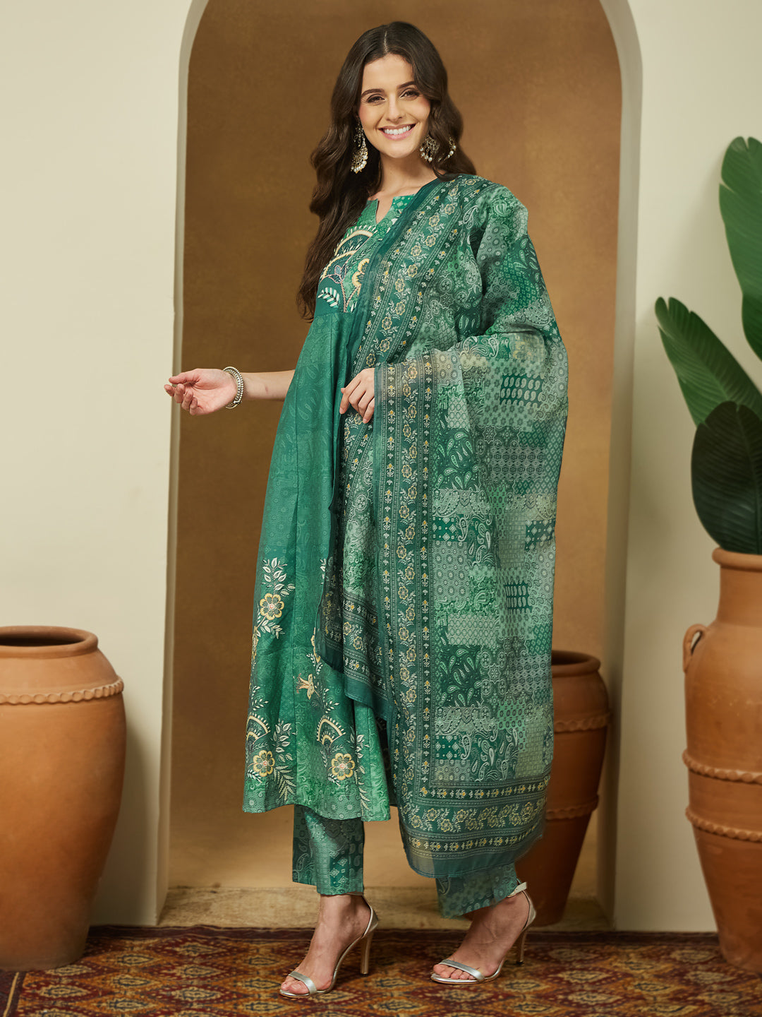 Janasya Women's Sage Green Cotton Blend Floral Printed Anarkali Kurta Set - qivii