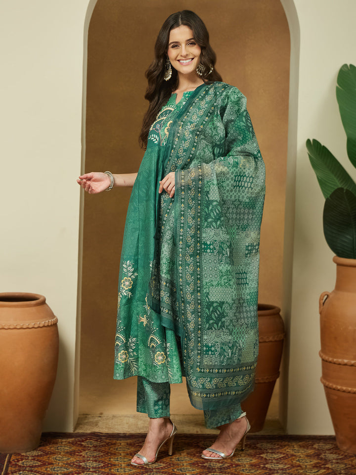 Janasya Women's Sage Green Cotton Blend Floral Printed Anarkali Kurta Set - qivii