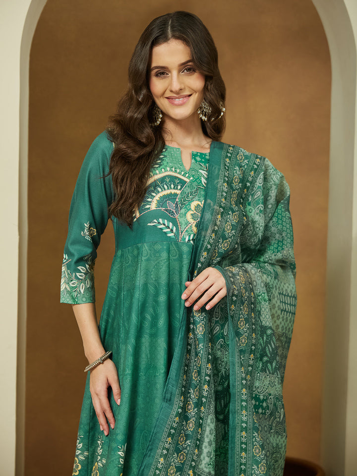 Janasya Women's Sage Green Cotton Blend Floral Printed Anarkali Kurta Set - qivii