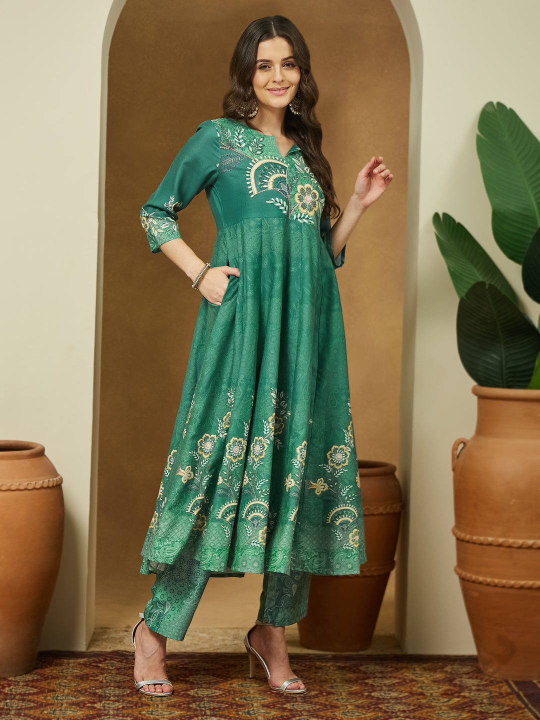 Janasya Women's Sage Green Cotton Blend Floral Printed Anarkali Kurta Set - qivii