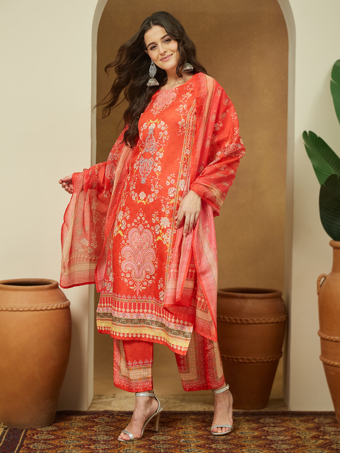 Janasya Women's Orange Cotton Blend Ethnic Motifs Printed Pakistani Straight Kurta Set