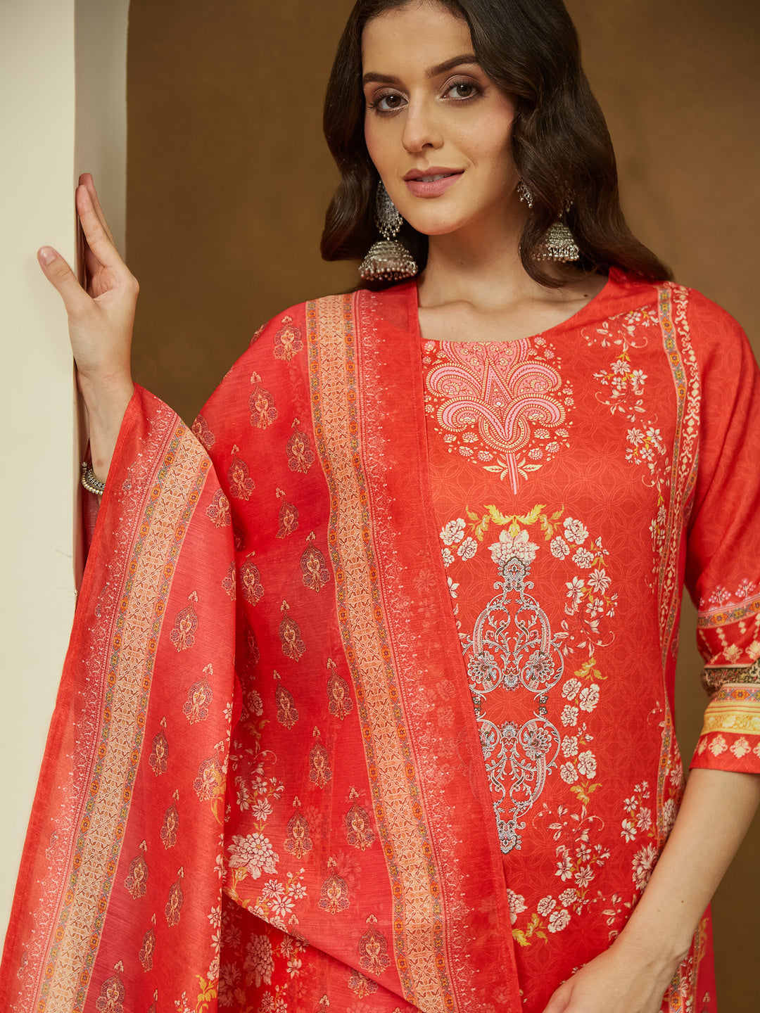 Janasya Women's Orange Cotton Blend Ethnic Motifs Printed Pakistani Straight Kurta Set